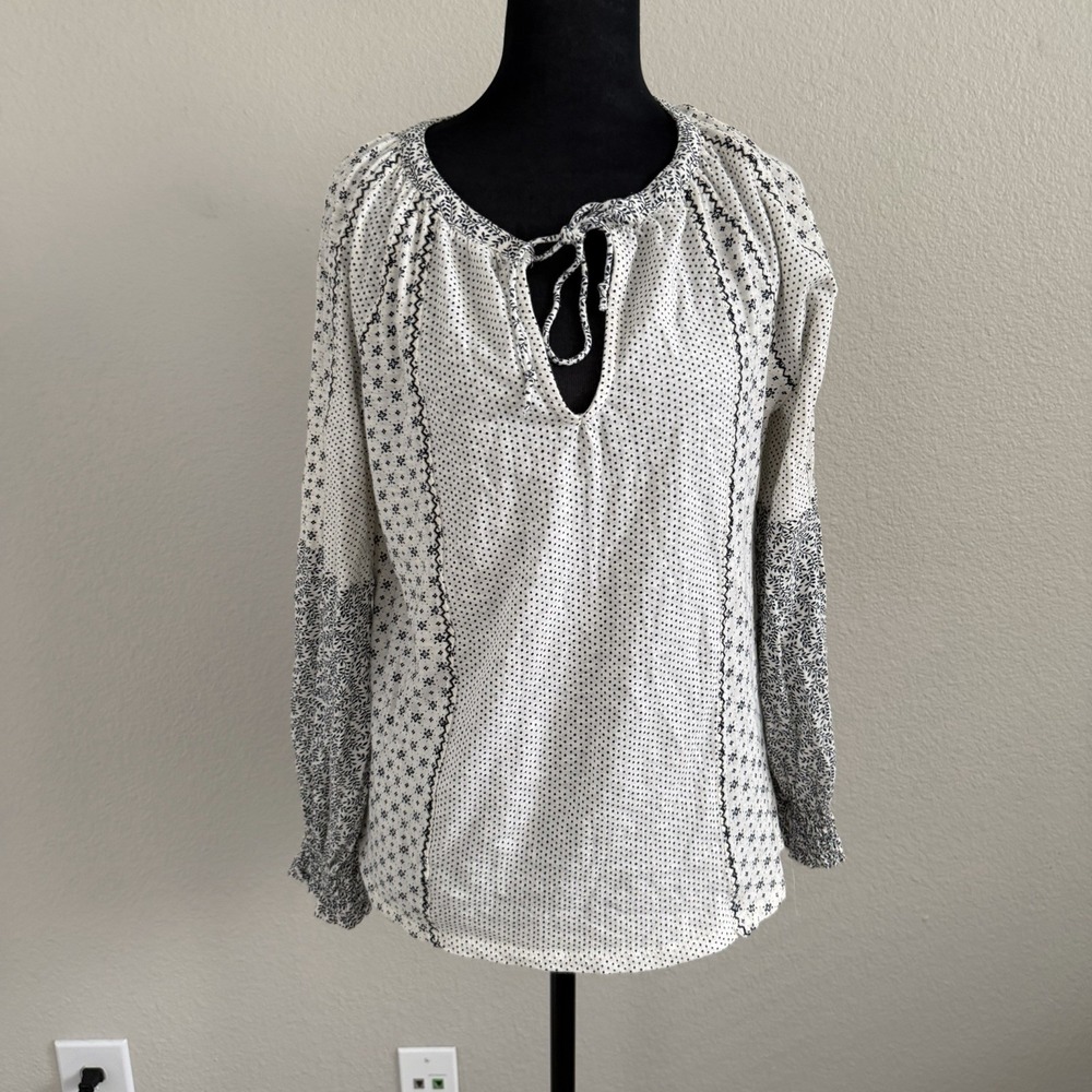 Lucky Brand Women's Medium Top Blouse Boho Embroidered Peasant Tie Front - Picture 7 of 8